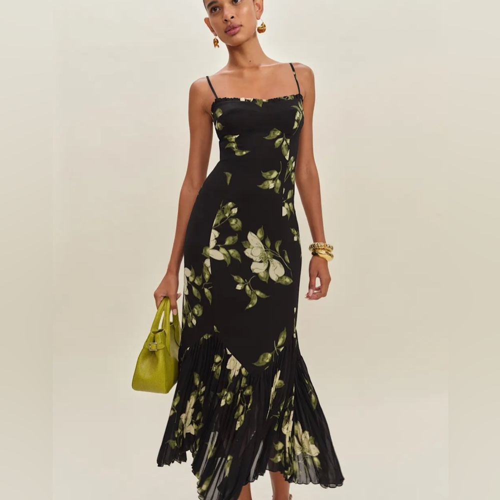 Reformation Black Maxi Dress with Green Floral Design